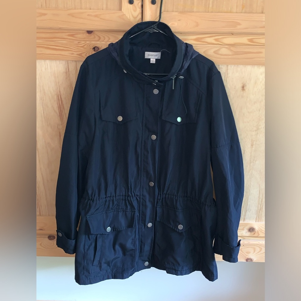 Avenue (Lane Bryant) navy blue hidden hood all weather jacket coat size 22/24